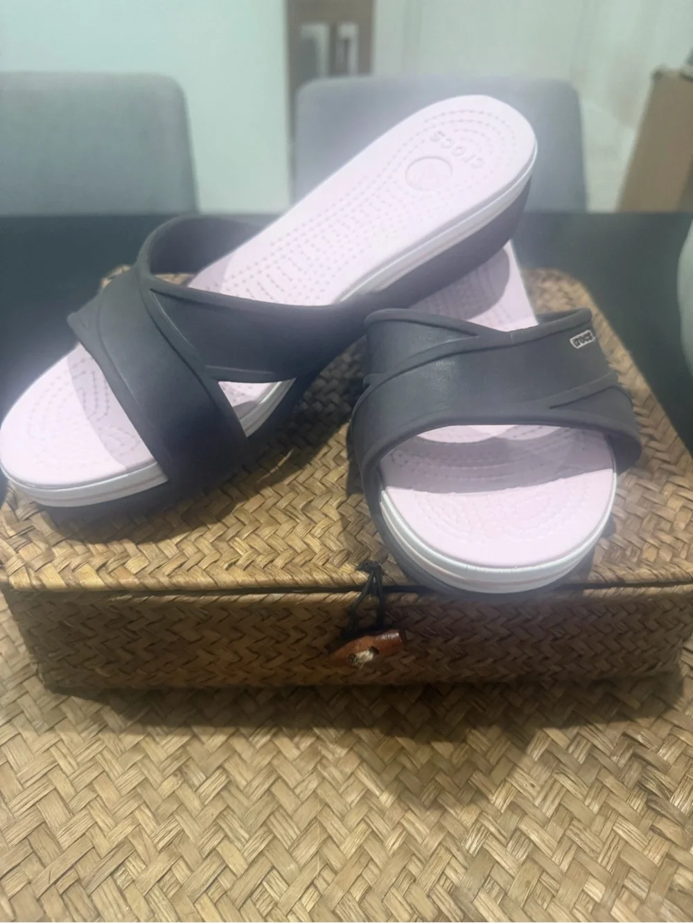 CROCS Women's Slide Sandals in Black Straps and Light Pink Footbed